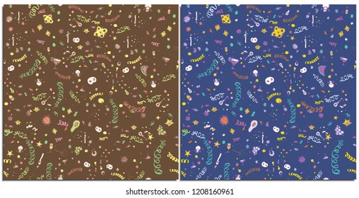 Set of seamless patterns with colorful Christmas objects on a brown and blue. Fir tree, toys, drinks, food, candies, snowflakes, sirpantin, sparklers festive attributes of the new year and Christmas