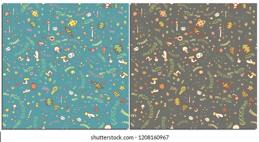 Set of seamless patterns with colorful Christmas objects on a brown and blue. Fir tree, toys, drinks, food, snowmen, snowflakes, sirpantin, sparklers festive attributes of the new year and Christmas.