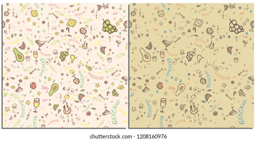 Set of seamless patterns with colorful Christmas objects on a baige background. Fir tree, toys, drinks, food, candies, snowflakes, sirpantin, sparklers festive attributes of the new year and Christmas