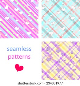 The  set of seamless patterns with colorful diagonal  stripes, stars and hearts for girls