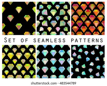 Set of seamless patterns with colorful diamonds. The faceted diamond. Vector illustration.