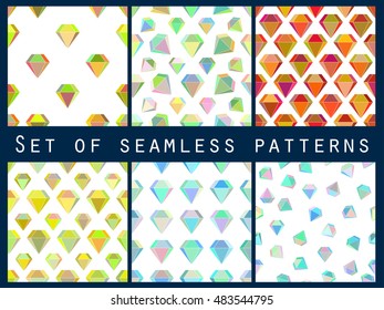 Set of seamless patterns with colorful diamonds. The faceted diamond. Vector illustration.