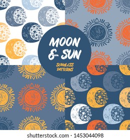 Set of seamless patterns with colorful doodle moon and sun, sketch style vector illustration