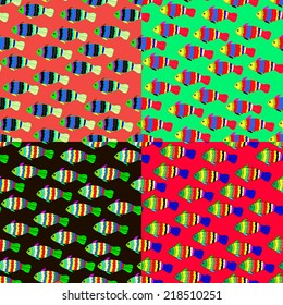 Set of seamless patterns with colorful fishes. Abstract texture, elements for design. 