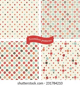 set of seamless patterns with colorful flowers on texture background 