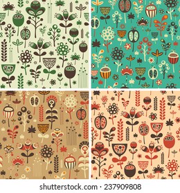 Set of seamless patterns with colorful flowers and foliage.