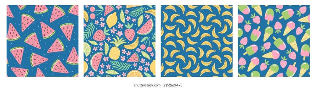 Set of seamless patterns with colorful fruits and sweets for textile design. Summer background in bright colors. Hand-drawn trendy vector illustrations.