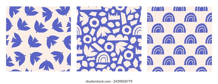 Set seamless patterns with colorful geometric shapes. Abstract organic background of simple random shapes. Blue and beige colors. Contemporary vector print.