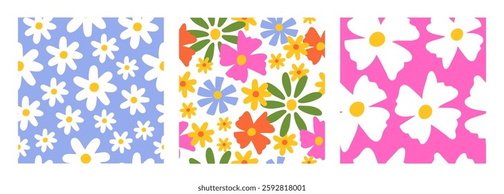 Set seamless patterns with colorful groovy daisy flowers. Vector illustration.