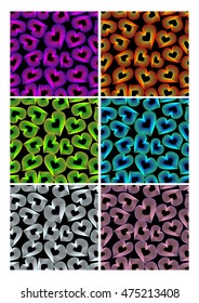 Set of seamless patterns with colorful heart shapes in outline design on dark background. Vector collection color samplers