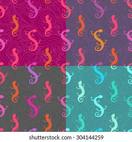 Set of  seamless patterns of colorful lizard silhouettes on doodle lined backgrounds