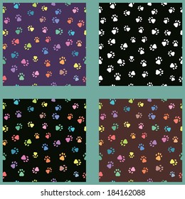 Set of seamless patterns with colorful prints of cat, dog or other animals. Vector illustration for design