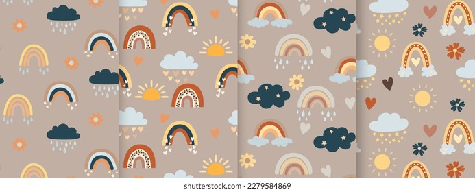 Set of seamless patterns with colorful rainbows. Children's backgrounds