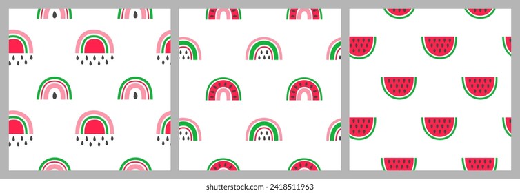 Set von nahtlosen Mustern mit bunten skandinavischen Wassermelonen-Regenbögen. Ruhige Sommerhintergründe.