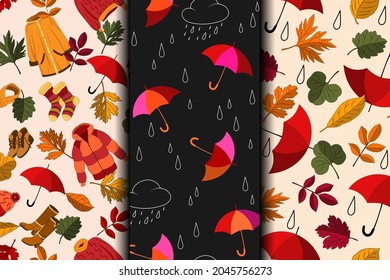 Set of seamless patterns with colorful umbrellas, leaves, rain drops. Vector