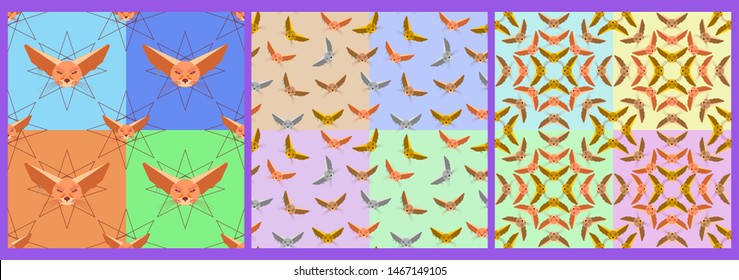 Set of seamless patterns. Comic eared fox in different colors