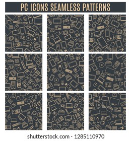 Set seamless patterns from computer and gadget icons of thin lines, vector illustration.
