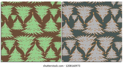 Set of seamless patterns with coniferous Christmas trees with small toys.Evergreen trees flying in abstraction different sizes,on a brown and purple background.Suitable for new year wrap or background