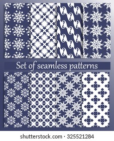 Set of seamless patterns consist of repeating patterns in blue and white with a gray background. Printing on paper, ceramics, textiles. Vector illustration.