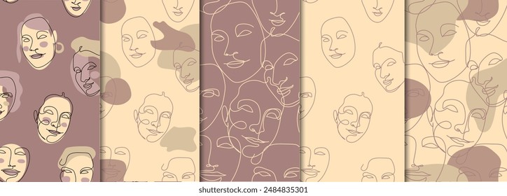 Set of seamless patterns with continuous line female face drawings. Abstract face and one line art portraits backgrounds bundle.