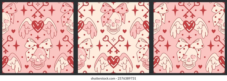 A set of seamless patterns. Coquette gothic backgrounds with a flirty vibe. Pastel pink skulls adorned with bows, hearts and vintage keys. Fun playful girly aesthetic for fabrics, stationery