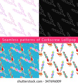 Set of seamless patterns with corkscrew lollipop, their outline on the white and colorful backgrounds 