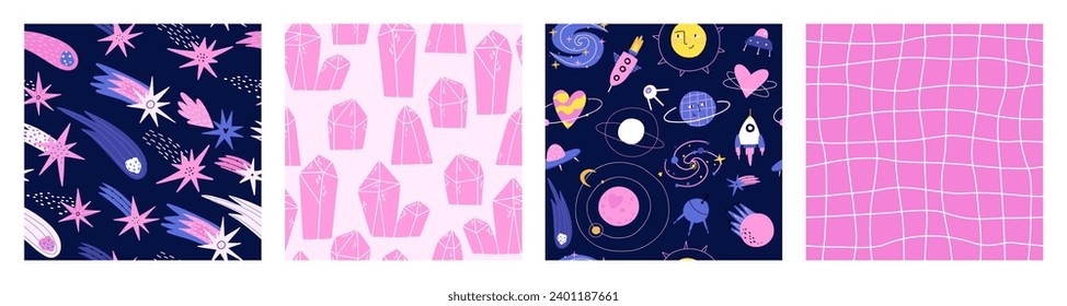 Set of seamless patterns with cosmic elements, stars and constellations. Checkered pattern. Vector illustration in flat style.