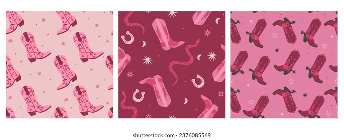 Set of seamless patterns with cowboy boots. Vector graphics.