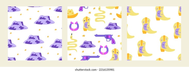 Set of seamless patterns with cowboy hats, boots, gun, snakes, horseshoe and stars. Vector wild west backgrounds