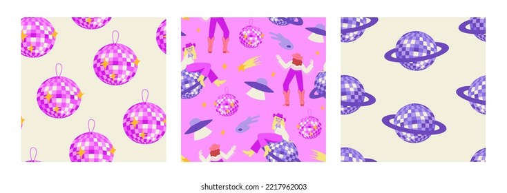 Set of seamless patterns with cowgirls, disco balls, alien ships, stars and meteors. Vector backgrounds. Party, celebration, psychedelic, cowgirl disco concept