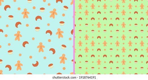 Set of seamless patterns with crackers, cookies in natural neutral tones. Seamless pattern of cookies.Vector illustration for menus, wrapping paper, backgrounds, textiles. 