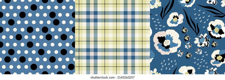 Set of seamless patterns created in colors and shapes that complement each other. Scottish square, violence and background with polka dots. For textile design, wrapping, cover, packing. Vector.