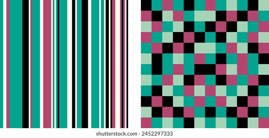 Set of seamless patterns created in colors and shapes that complement each other. Thin and thick stripes, green and lilac checks. For textile design, wallpaper, wrapping-paper, home décor. Vector.