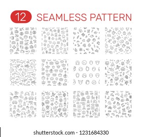 Set of seamless patterns. Cryptocurrency, water, school subjects, sleep, 
sea animals, crown, avatar, halloween, volunteering, hospital, holiday theme. Vector illustration design