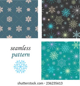 Set of seamless patterns of crystal snowflakes on a pastel grey background