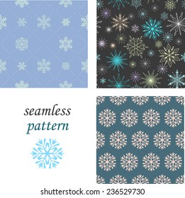 Set of seamless patterns of crystal snowflakes on a pastel grey background