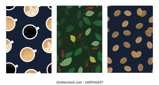 Conjunto de patrones sin fisuras con taza de cappuccino, espresso, granos de café y rama de planta. Ilustraciones vectoriales  