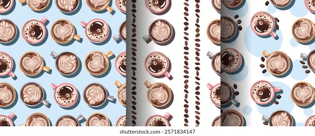 Set of Seamless patterns with a cup of coffee and coffee beans. Repeating texture with hot coffee beverage for fabric, wallpaper, paper, etc.