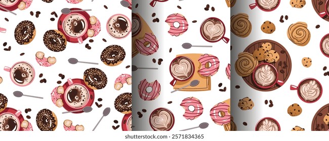 Set of Seamless patterns with a cup of coffee and a donut. Repeating texture with a coffee drink and dessert. Coffee time. Suitable for textiles, wallpaper, paper, etc.