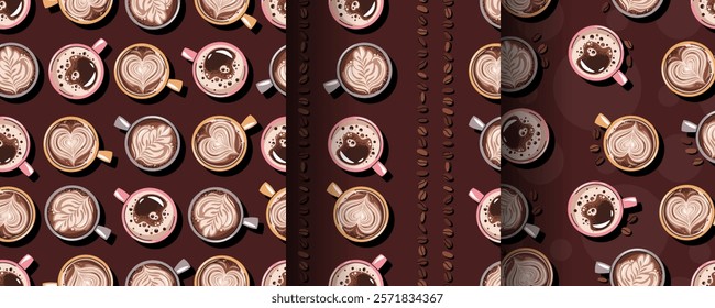 Set of Seamless patterns with a cup of coffee and coffee beans. Repeating texture with hot coffee beverage for fabric, wallpaper, paper, etc.