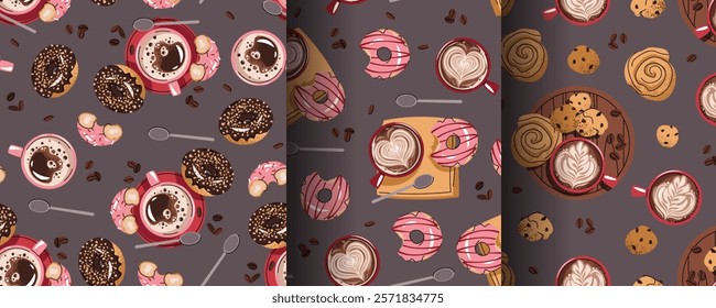 Set of Seamless patterns with a cup of coffee and a donut. Repeating texture with a coffee drink and dessert. Coffee time. Suitable for textiles, wallpaper, paper, etc.