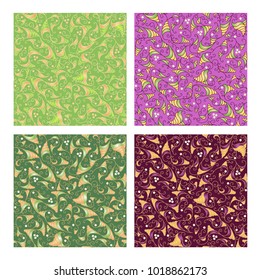 Set of seamless patterns with curls and leaves. Ornament with thin lines and large elements. Green and pink colors.