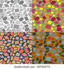 Set of seamless patterns of curved geometric shapes, randomly arranged on a solid background