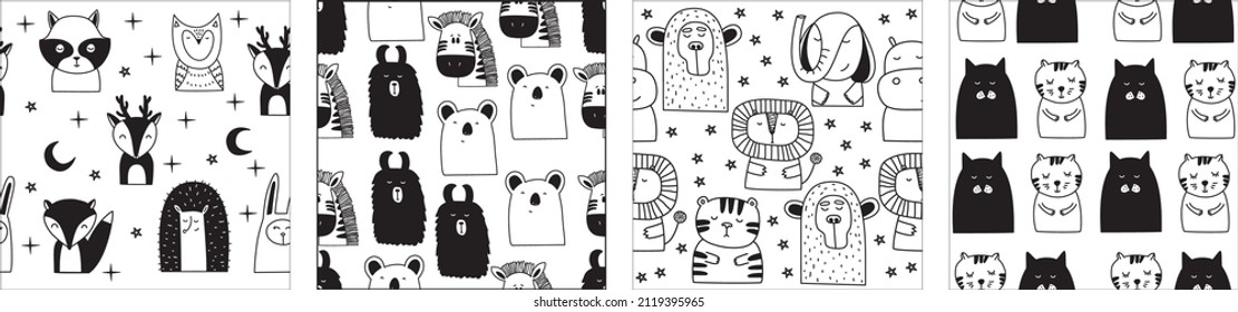 Set of seamless patterns with cute animals. Hand drawn vector illustration in scandinavian doodle style. Creative childish hand drawn unique style. Good for baby and kids fashion textile print. 