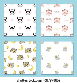 Set of seamless patterns with cute animals. Vector backgrounds for kids design.