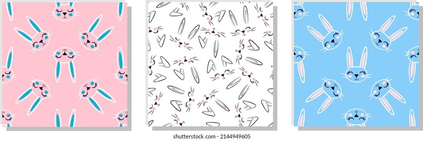 Set of seamless patterns with cute baby rabbit faces. Rabbit ears. Easter. Hand-drawn design for fabric, backgrounds, wrapping paper, decoration of children's rooms. Doodle, cartoon style.