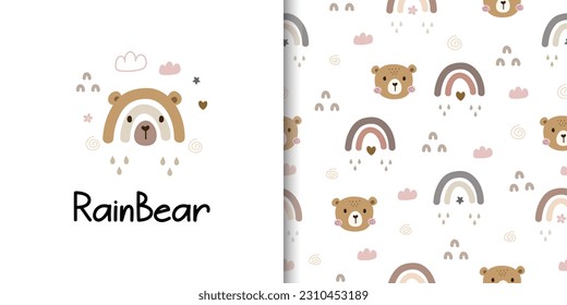 Set of seamless patterns with cute bear and rainbow. Designs for fabric, textiles, wrapping and wallpaper. Vector illustration