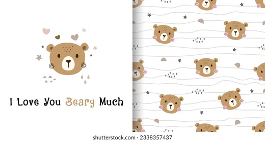 Set of seamless patterns with cute bear. Designs for fabric, textiles, wrapping, print and wallpaper. Vector illustration