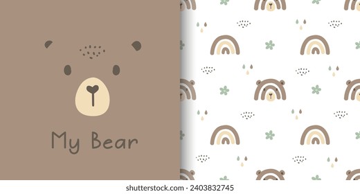 Set of seamless patterns with cute bear and rainbow bear. Cartoon animal background. Designs for fabric, textiles, wrapping, print design and wallpaper. Vector illustration