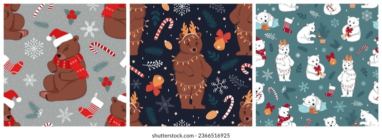 Set of seamless patterns with cute bears and Christmas elements. Winter vector illustrations.	